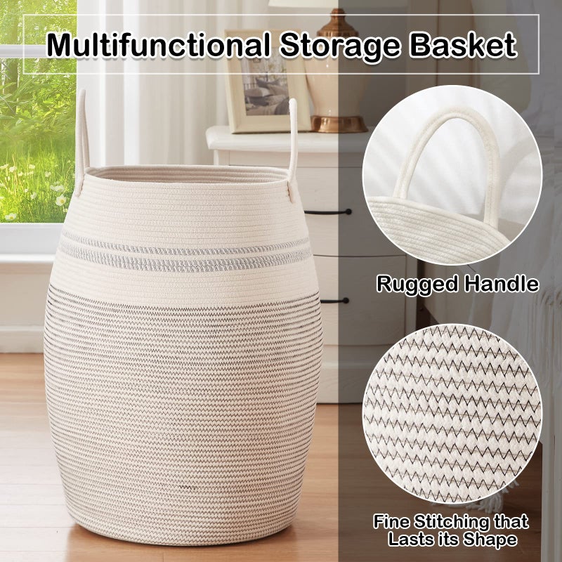 OIAHOMY Laundry Hamper Woven Cotton Rope Large Clothes Hamper 25.6" Height Tall Laundry Basket with Extended Cotton Handles for Storage Clothes Toys in Bedroom, Bathroom, Foldable (Light Grey) - Image 4